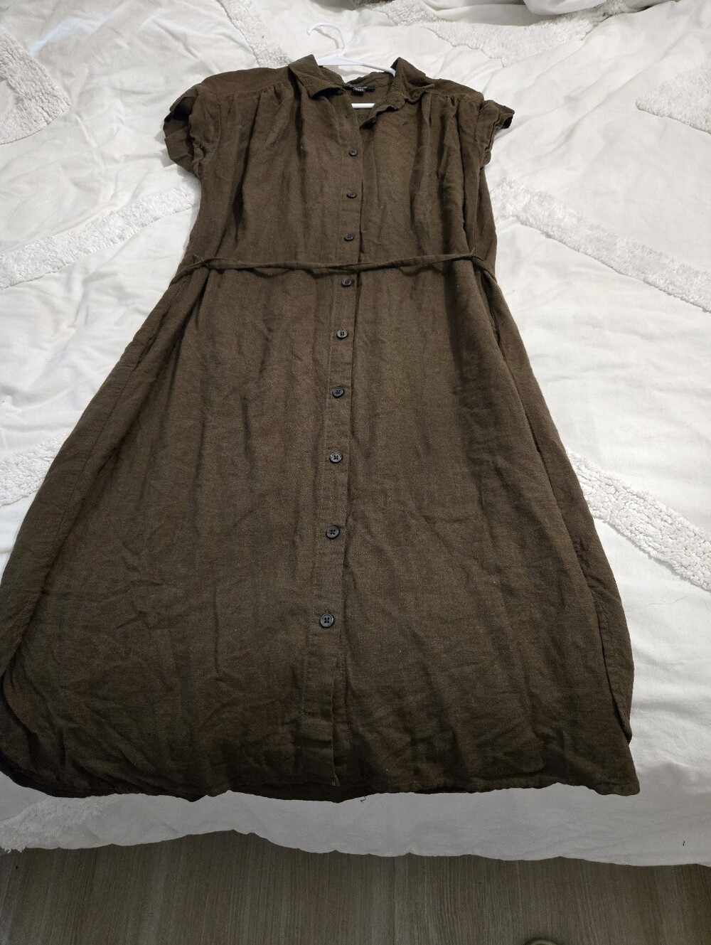 Lord & Taylor Olive Green Linen Button-Front Midi Shirt Dress